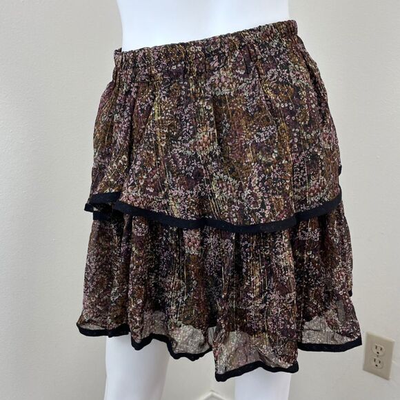 Allison Women Size L Black Tiered Floral Pull On Metallic Mini NEW Skirt Peasant - Picture 11 of 13